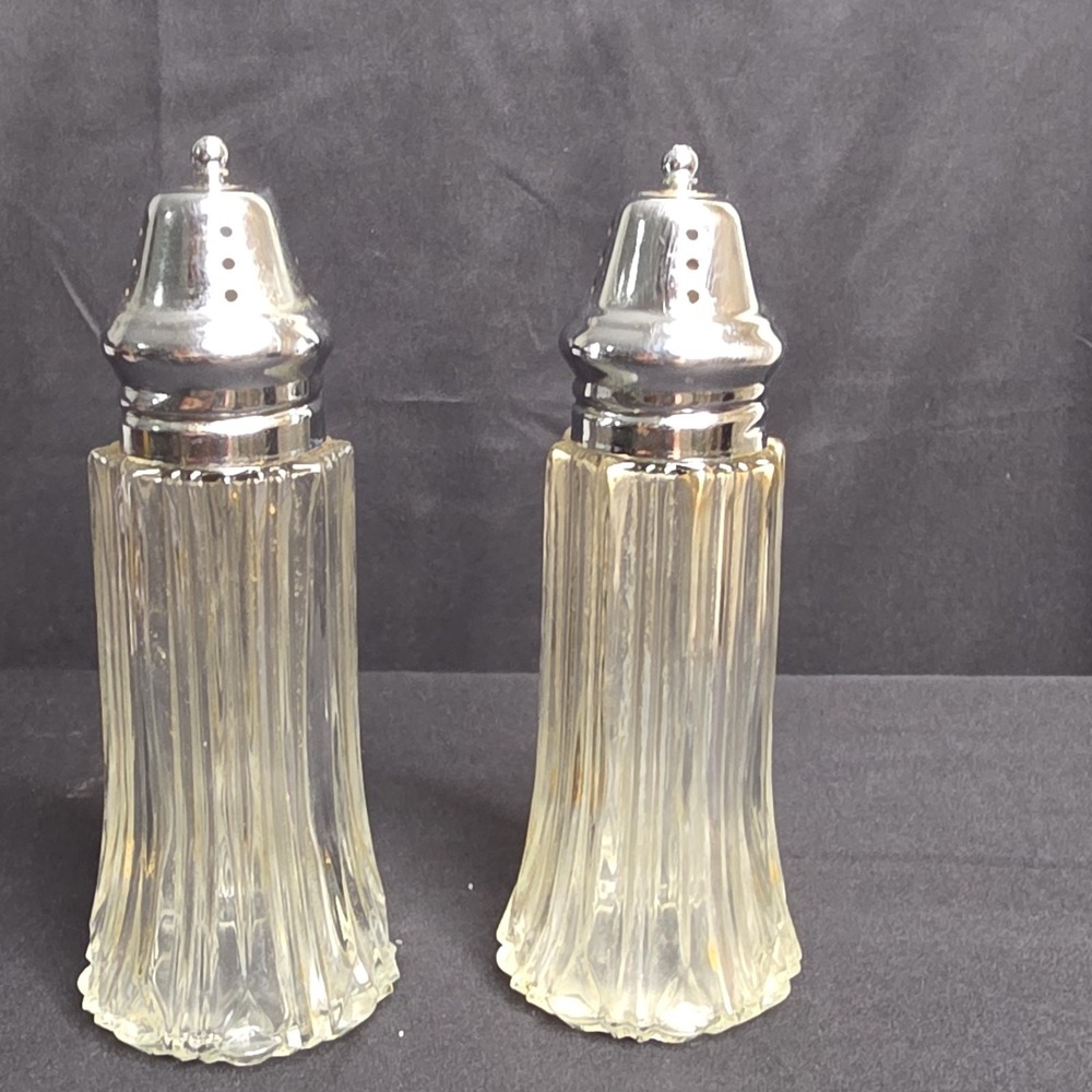 Vintage Clear Pressed Glass Salt & Pepper Shakers Set with Metal Tops, Pair